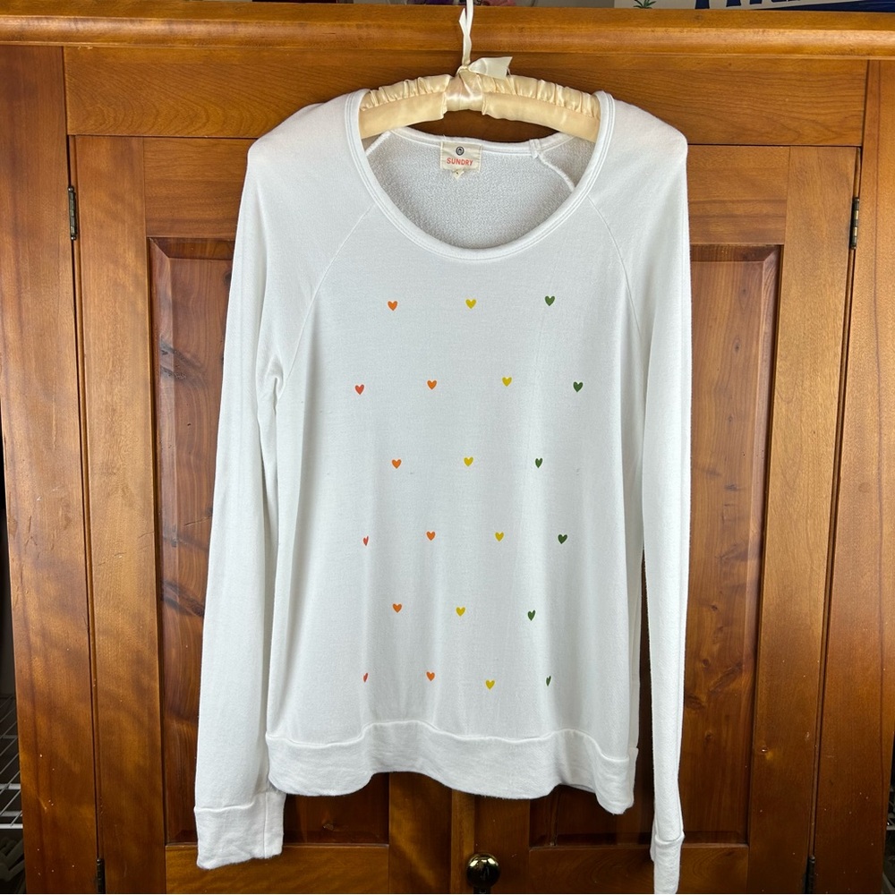 Sundry Super Soft Cotton Blend Pullover White with Rainbow Hearts Sweatshirt